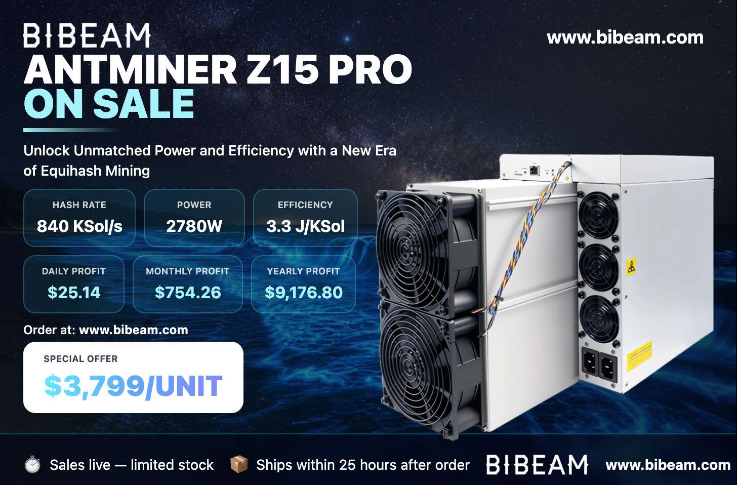 Antminer Z15 Pro — 840 KSol/s hashrate, 2780W power, in stock at Bibeam